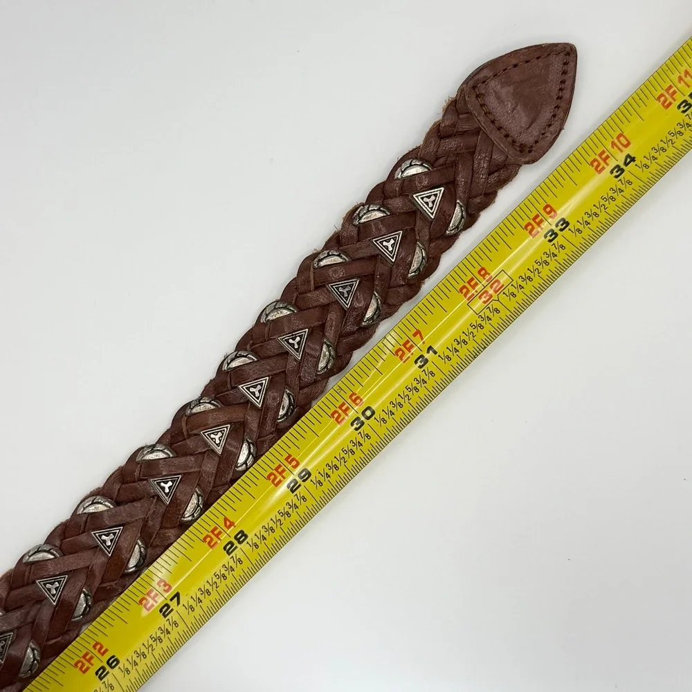 Vintage County Seat Brown Braided Leather Belt Silver Concho Charms Western 34in